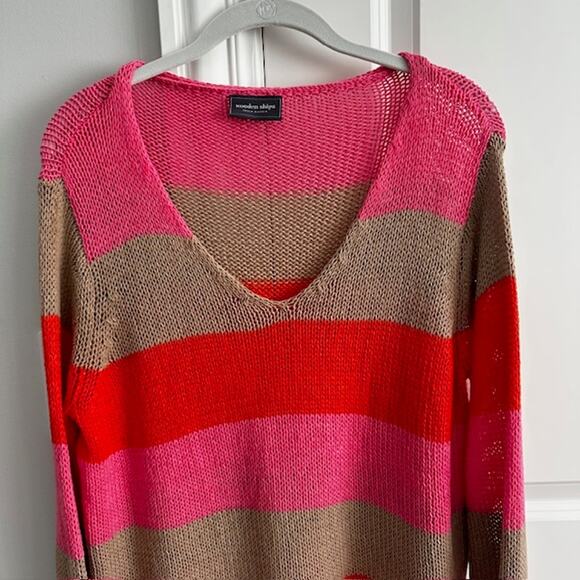 Wooden Ships Bright Pink Stripe V-neck Pullover Sweater Small/Medium - Picture 2 of 7